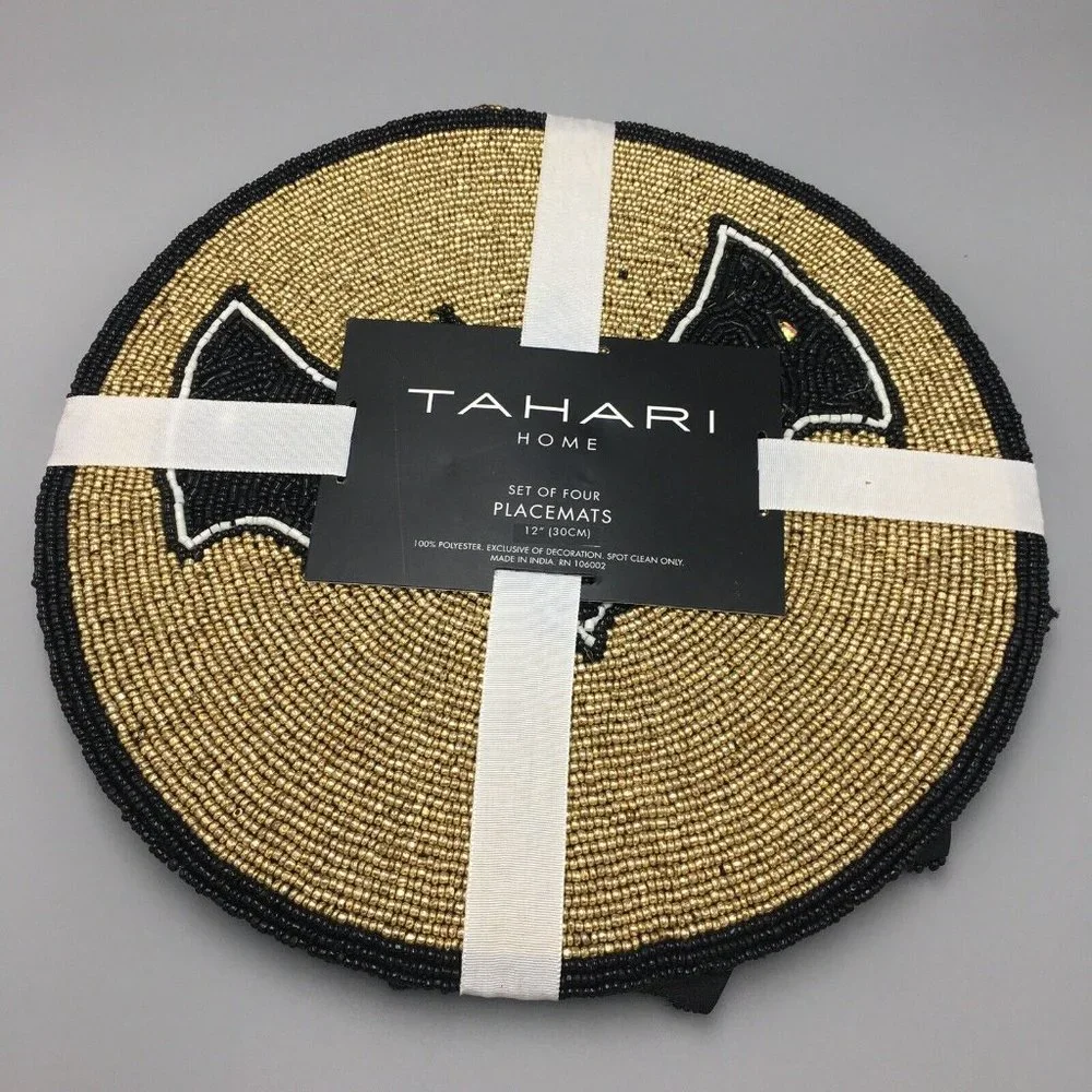 x4 Tahari Halloween Beaded Placemat Set Bat Pumpkin Spiderweb Spider Gold Black